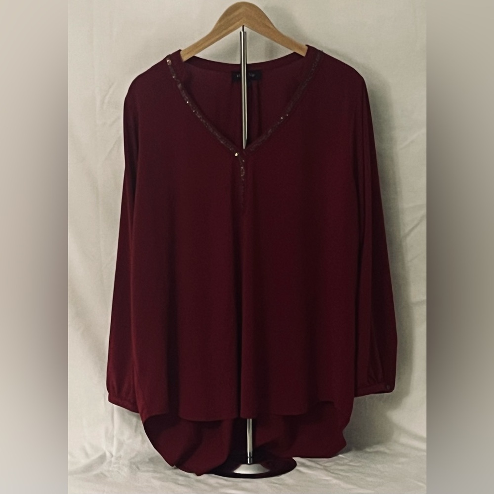 🛍️ 3/$15 Melissa Paige Burgundy Wine Blouse Sequin V-neck Sz 1X